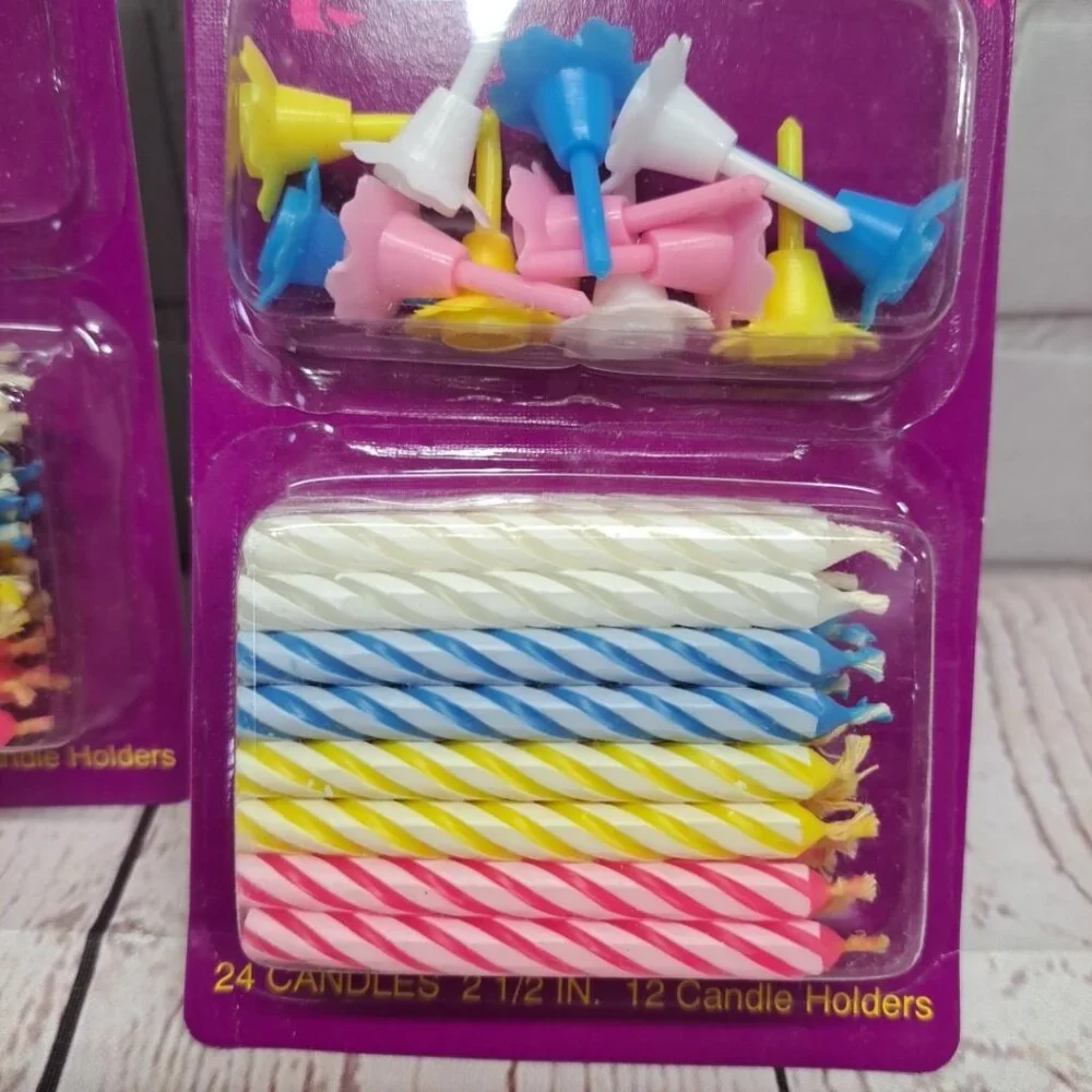 VTG Betty Crocker Birthday Candles With Holders 2.5" Striped Candles Pink Yellow - Picture 2 of 6